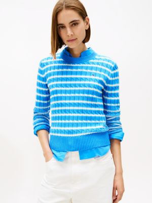 Cable Knit Crewneck Sweater, Mesmerizing/ Breezy Blue / Calico Stripe