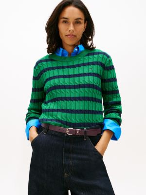Cable Knit Crewneck Sweater, Nouveau Green / Navy Breton Stripe
