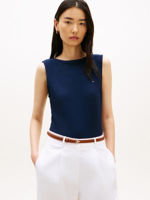 Slim Fit Rib-Knit Boatneck Tank Top, Dark Night Navy