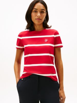 Script Monogram Stretch-Cotton T-Shirt, Primary Red / Calico Stripe