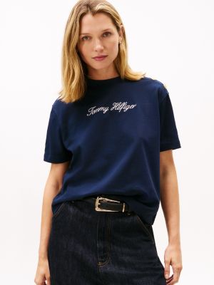 Gold-Button Script Logo Relaxed T-Shirt, Dark Night Navy