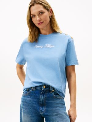 Gold-Button Script Logo Relaxed T-Shirt, Clear Water