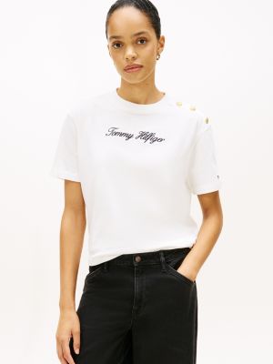 Gold-Button Script Logo Relaxed T-Shirt, Ecru