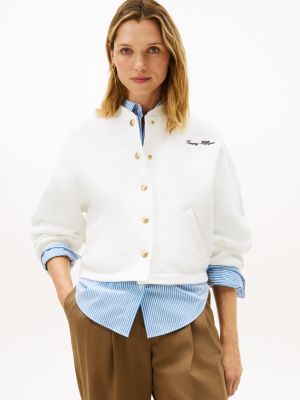 Gold-Button Fleece Bomber Jacket, Ecru