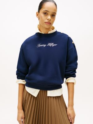 Gold-Button Script Logo Sweatshirt, Dark Night Navy