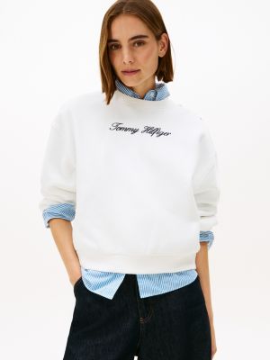 Gold-Button Script Logo Sweatshirt, Ecru
