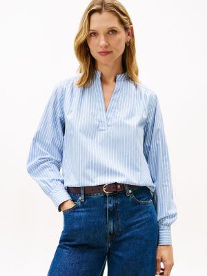 Relaxed Poplin V-Neck Pullover Shirt, American Classic Stripe