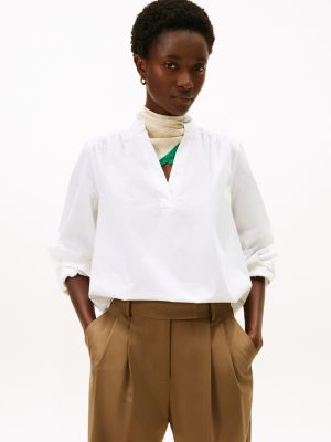 Relaxed Poplin V-Neck Pullover Shirt, Th Optic White
