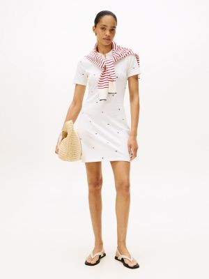 Allover Flag  Slim Stretch Polo Dress, White Flag