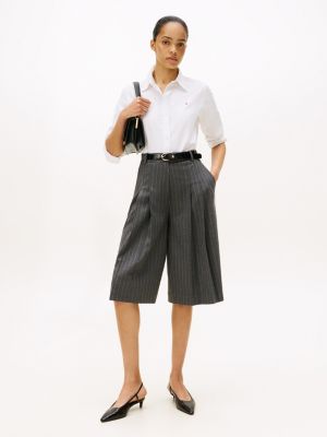 Pleated Pinstripe Wide-Leg Culotte, Mid Grey Heather Pinstripe