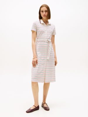 Belted Stretch Pique Polo Midi Dress, Multi Stripe Ivory / Red / Navy