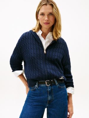 Cable Knit Zip Hoodie Sweater, Dark Night Navy