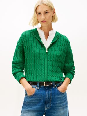 Cable Knit Zip Hoodie Sweater, Nouveau Green