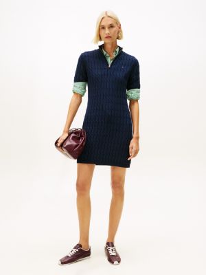 Cable Knit Quarter-Zip Sweater Dress, Dark Night Navy