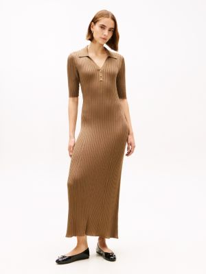 Gold-Button Rib Knit Polo Dress, Nordic Taupe