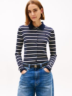 Slim Fit Wool-Silk Blend Polo Cardigan, Dark Night Navy / Calico Multi Stripe