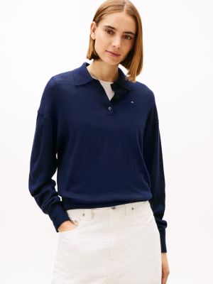 Wool-Silk Blend Sweater Polo, Dark Night Navy