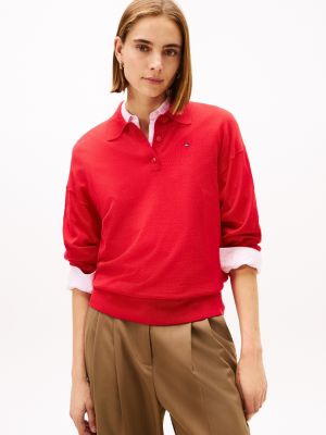 Wool-Silk Blend Sweater Polo, Primary Red