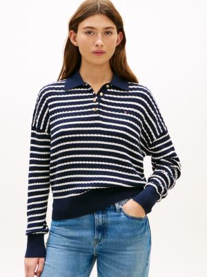 Relaxed Fit Cable Knit Sweater Polo, Dark Night Navy / Ivory Petal Stripe
