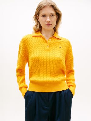 Relaxed Fit Cable Knit Sweater Polo, Orange Flash