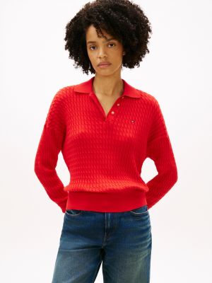 Relaxed Fit Cable Knit Sweater Polo, Fireworks