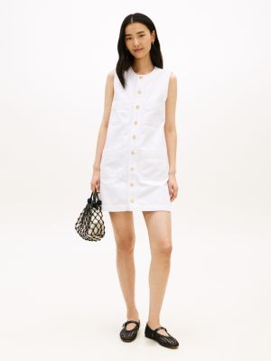 Patch Pocket Denim Shift Mini Dress, Optic White