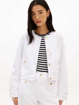 Gold-Button Denim Lady Jacket, Optic White