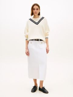 Gold-Button Pocket Denim Midi Skirt — Optic White 2