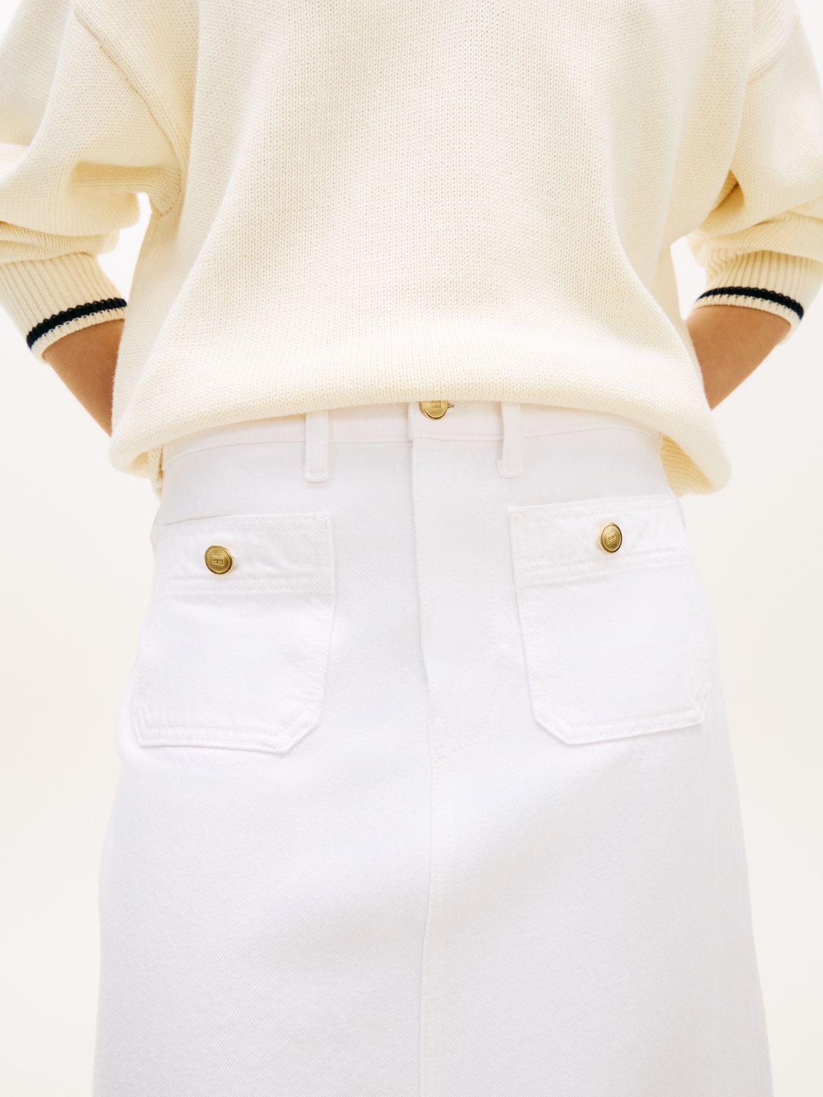 Gold-Button Pocket Denim Midi Skirt — Optic White