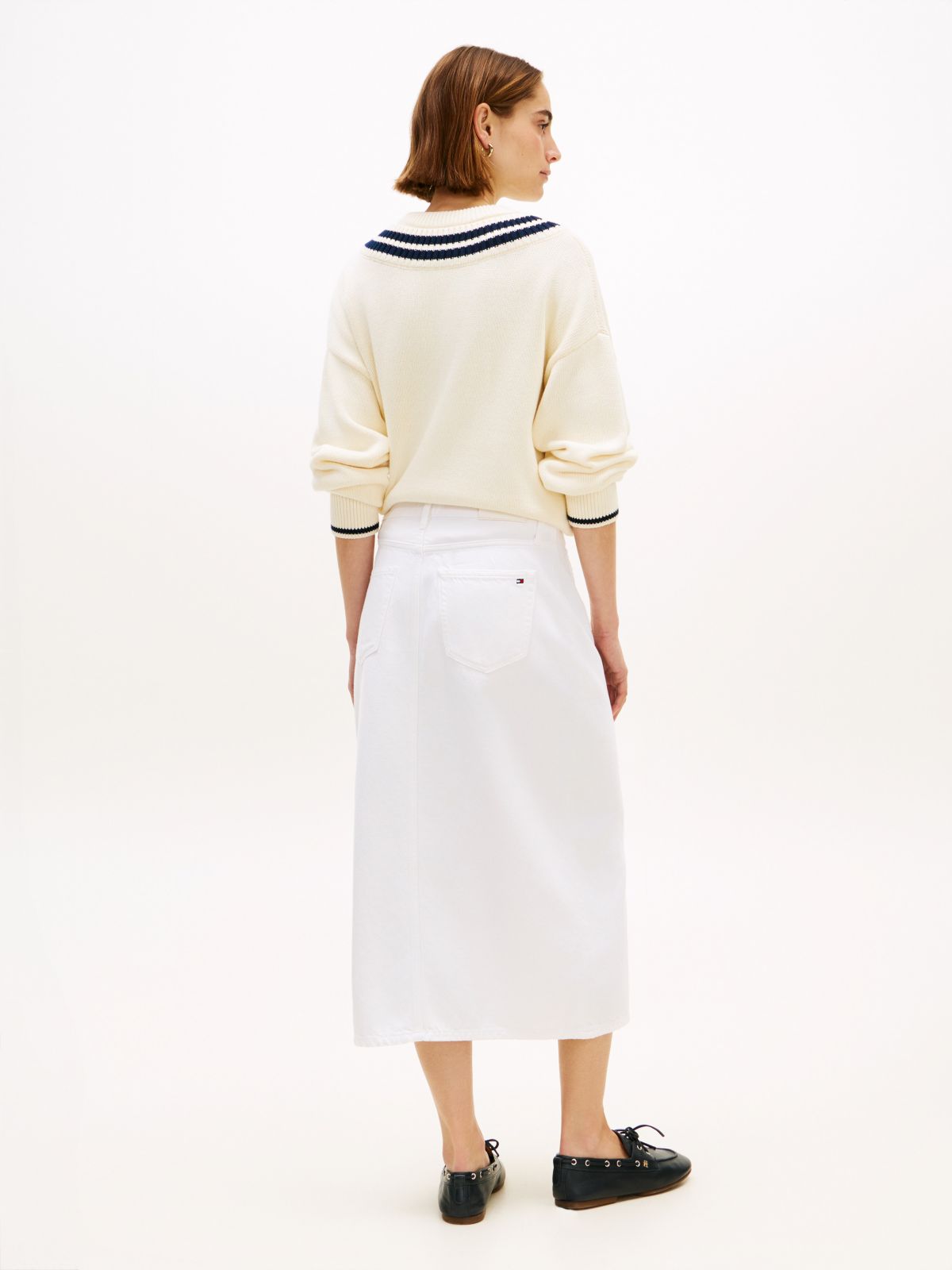 Gold-Button Pocket Denim Midi Skirt — Optic White