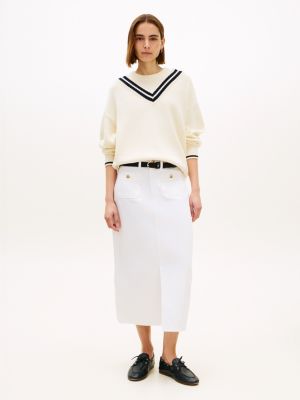 Gold-Button Pocket Denim Midi Skirt, Optic White