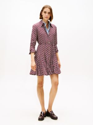 Flag-Print Viscose Twill Mini Dress, Logo Print Navy