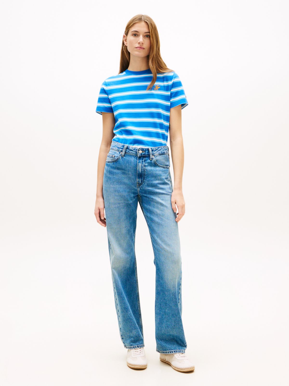 Embroidered Script Monogram T-Shirt — Blue/White Stripe