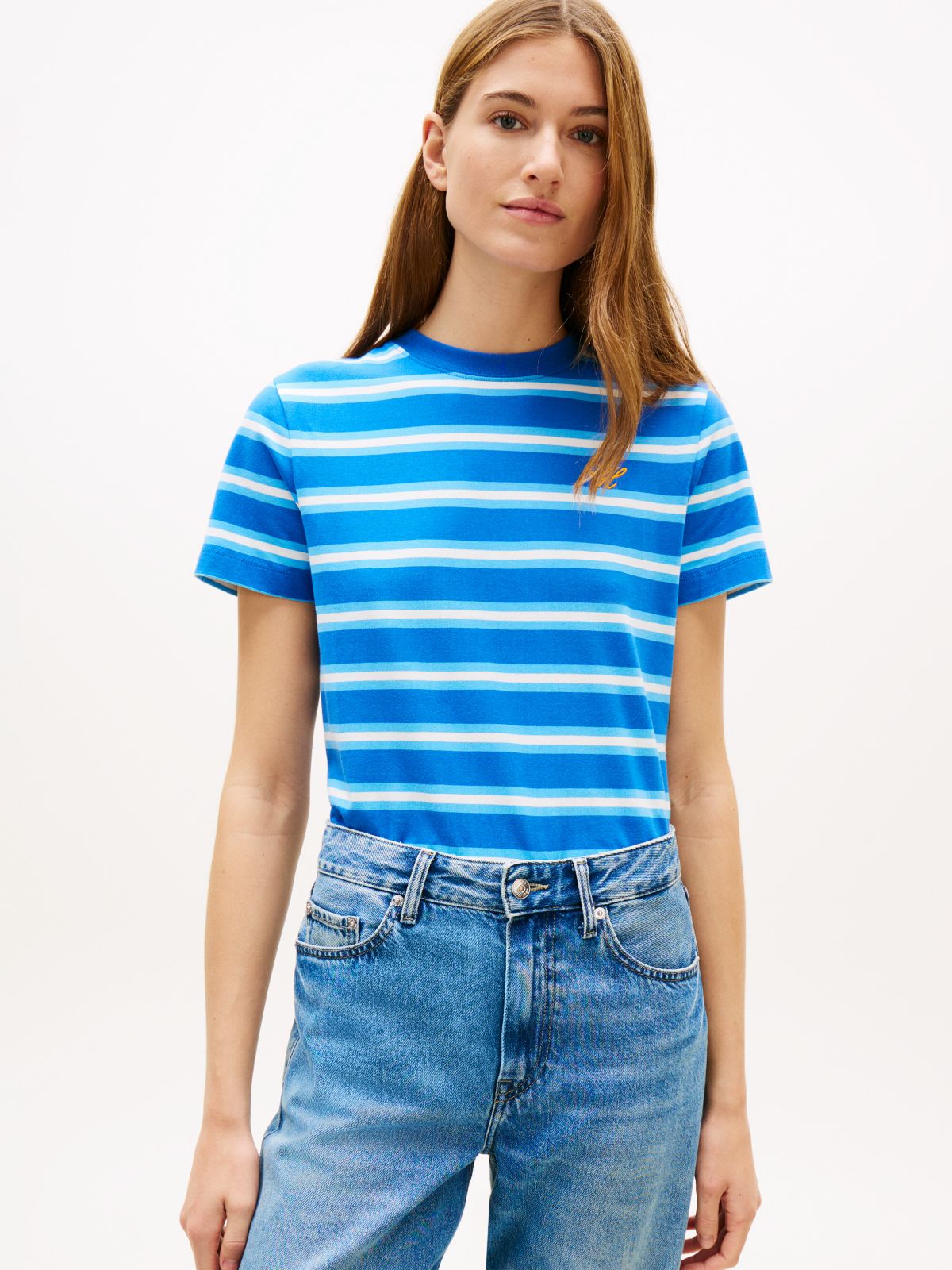 Embroidered Script Monogram T-Shirt — Blue/White Stripe