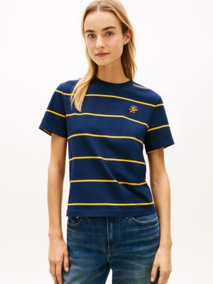 Embroidered Script Monogram T-Shirt, Navy/Orange Stripe