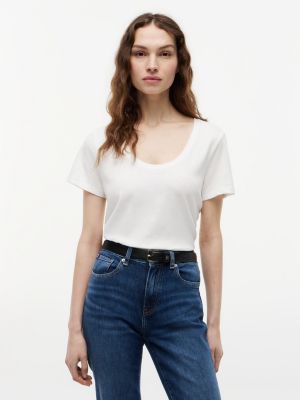 Scoop Neck Linen-Blend T-Shirt, Ecru