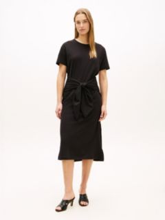Tie-Front Slub Cotton Midi T-Shirt Dress — Black 1