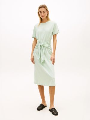 Tie-Front Slub Cotton Midi T-Shirt Dress, Gentle Jade