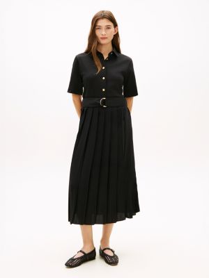 Mix Media Pleated Midi Dress, Black