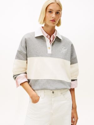 Gold-Button Stripe Rugby Sweatshirt, Heather Grey