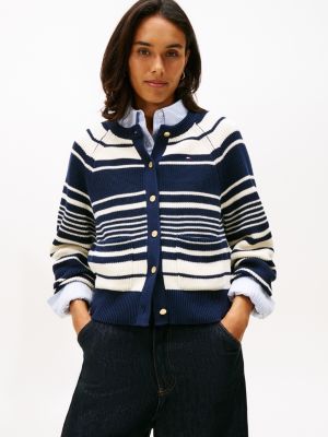 Gold-Button Relaxed Pocket Cardigan, Dark Night Navy / Calico Multi Stripe