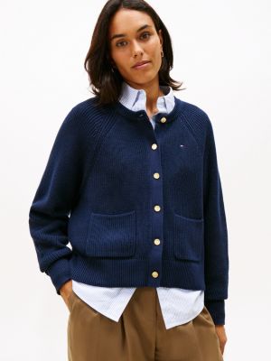 Gold-Button Relaxed Pocket Cardigan, Dark Night Navy