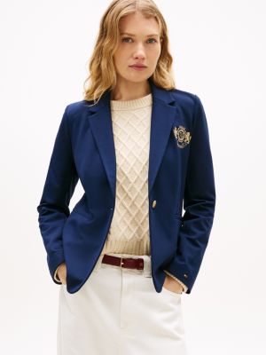 Embroidered Crest Logo Ponte Blazer, Dark Night Navy