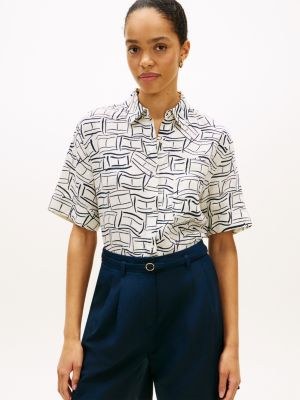 Short-Sleeve Linen Shirt, Calico / Navy