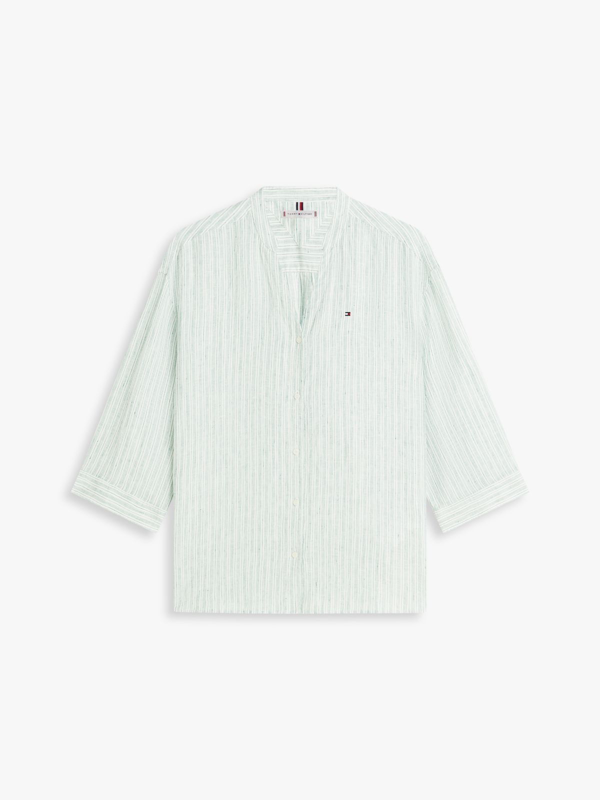 Collarless Linen Shirt — Chalk Stripe Ecru Courtside Green