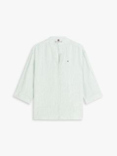 Collarless Linen Shirt — Chalk Stripe Ecru Courtside Green 5