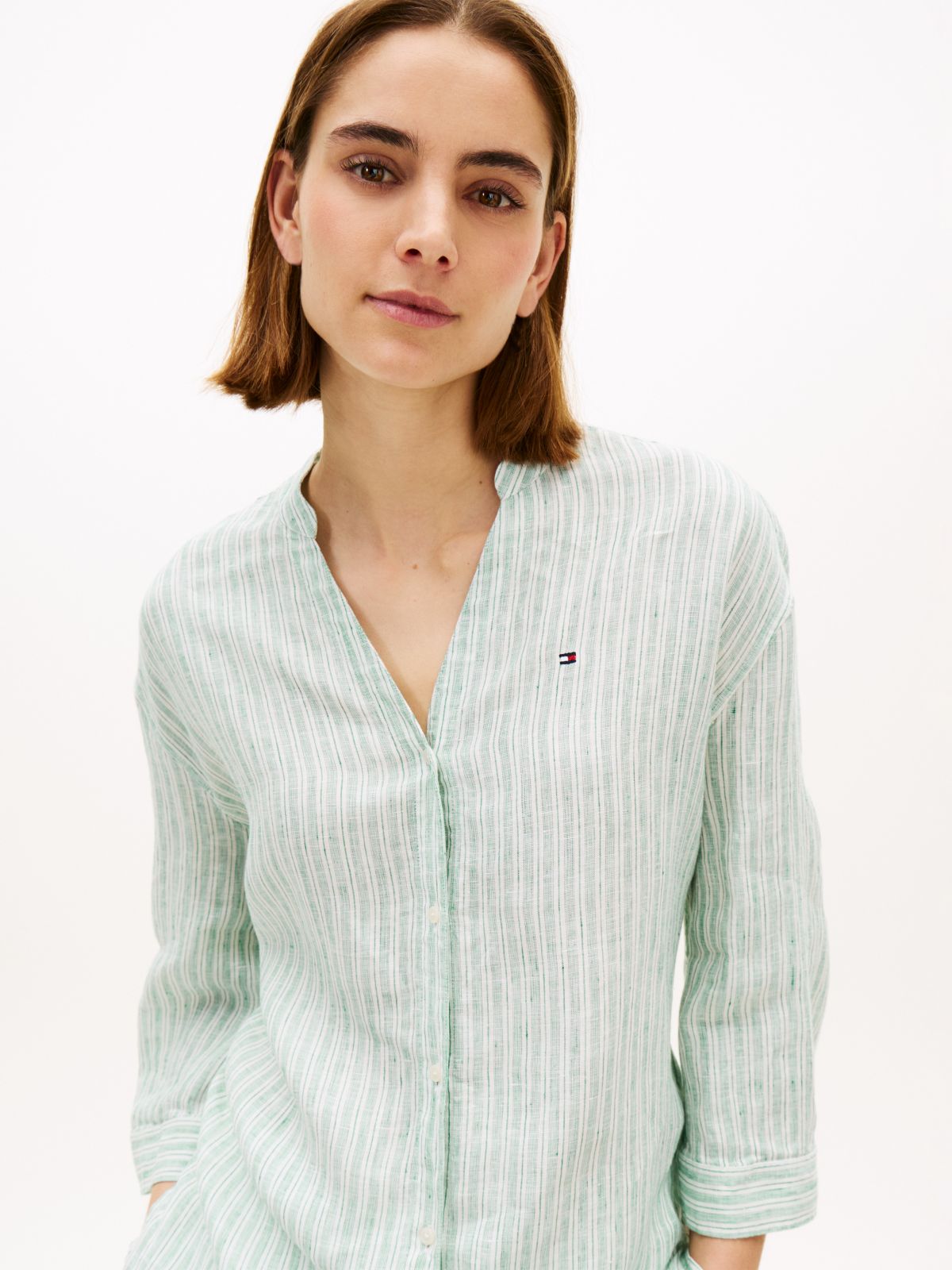 Collarless Linen Shirt — Chalk Stripe Ecru Courtside Green