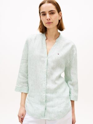 Collarless Linen Pullover Shirt, Chalk Stripe Ecru Courtside Green