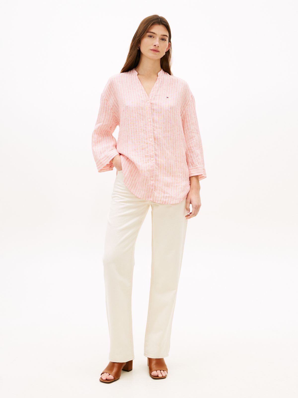 Collarless Linen Shirt — Fireworks