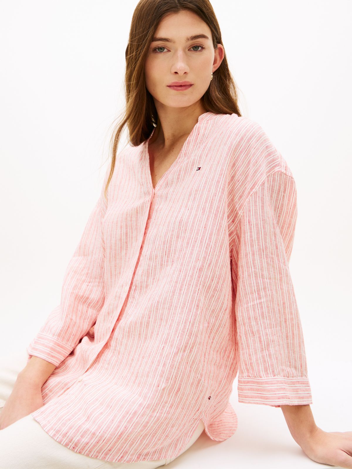 Collarless Linen Shirt — Fireworks